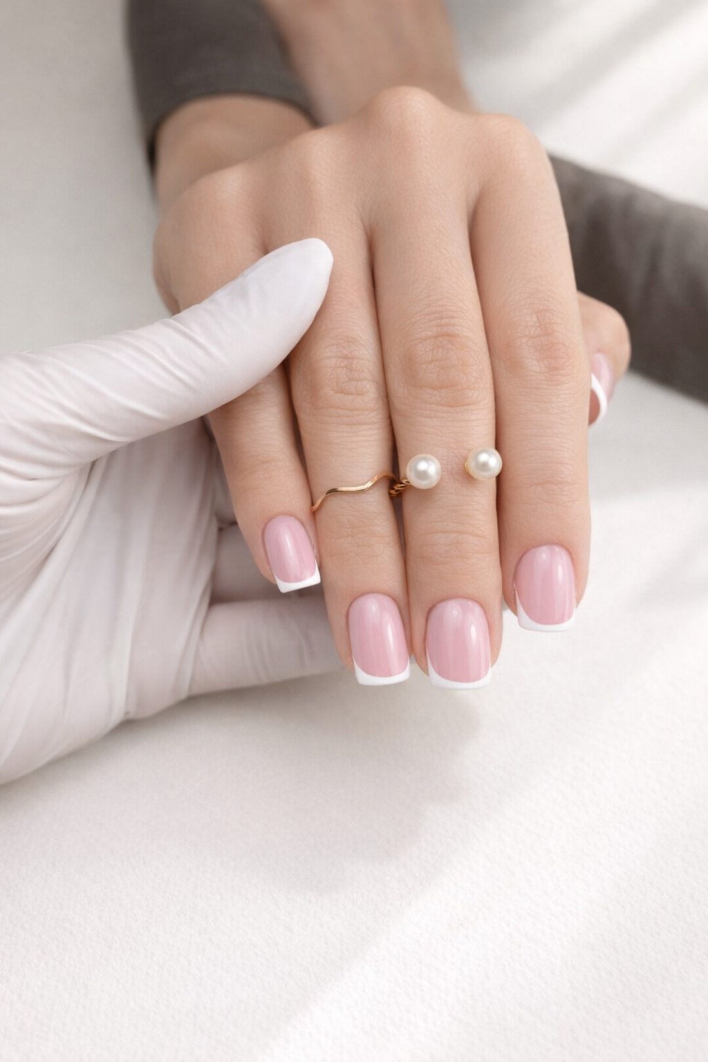 French manicure z pierścionkiem perłowym